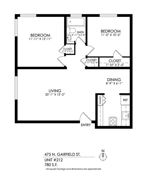 Floor plan for 2 beds, 1 bath, 785 sqft